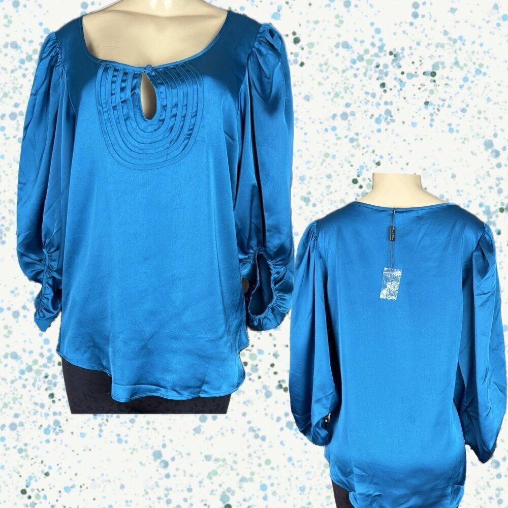 Rose & Olive L Teal Satin Keyhole Textured Detail Neck 3/4 Billow Sleeve Blouse